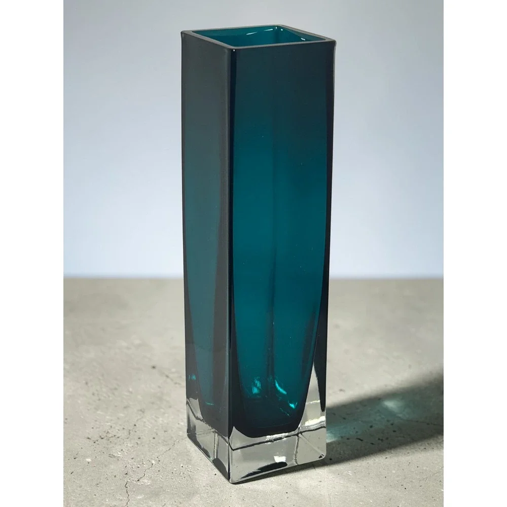 Modern Teal Sommerso Glass Vase‎ Square Green Bud Vase 8 Inch Heavy Clear Base